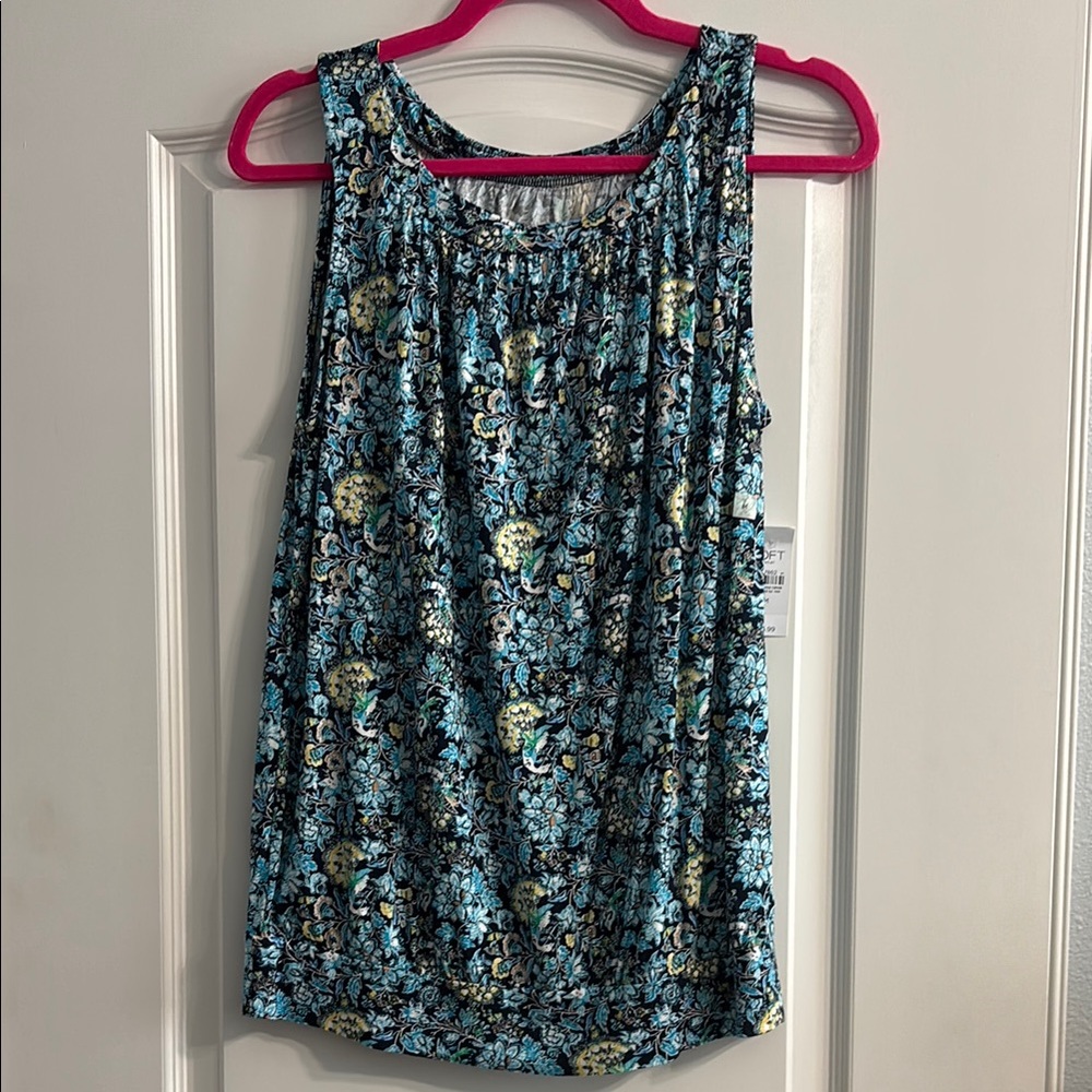 LOFT Smocked Blue and Black Tank Top